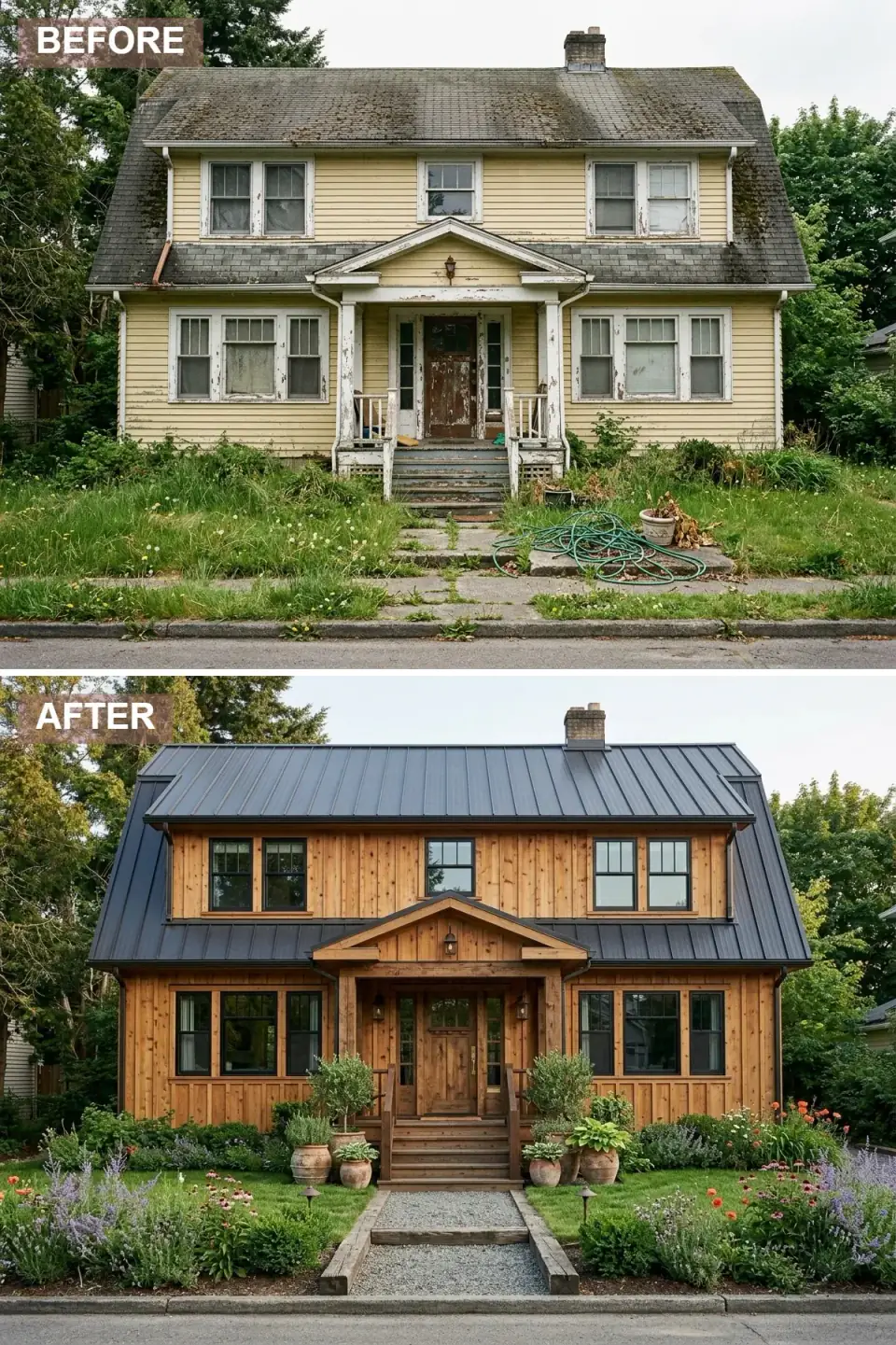 Dutch Colonial transformed into a rustic modern cabin with vertical knotty natural pine board-and-batten siding, dark bronze standing-seam metal roof, heavy timber porch posts and beams, weathered timber steps, pea gravel approach with chunky wood sleepers, and cottage plantings of lavender and hostas in terracotta pots