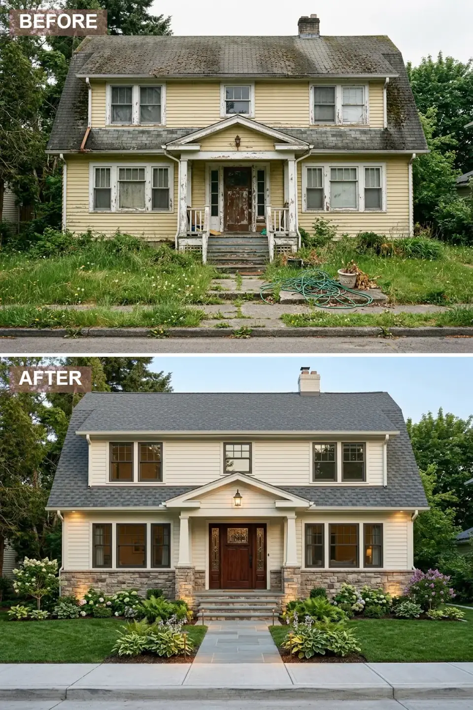 Dutch Colonial renovated in elegant Craftsman style with creamy off-white horizontal lap siding on the upper gambrel, light grey stacked stone veneer at the foundation and porch piers, tapered Craftsman porch columns on stone bases, wide thermal bluestone steps, leaded-glass dark walnut door, layered landscape lighting, and lush layered plantings
