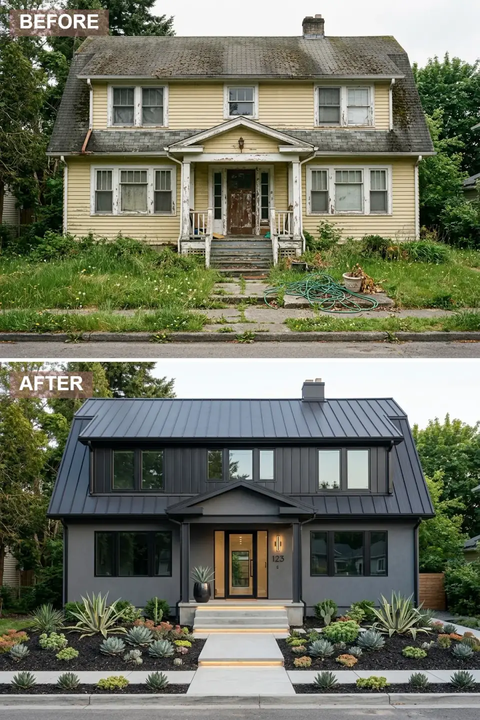 Dutch Colonial reskinned in ultra-modern all-black palette with smooth matte black fiber-cement panel cladding, satin black standing-seam metal roof, minimalist black steel-frame porch canopy, full-lite glass pivot front door, floating poured-concrete entry steps with integrated warm LED strip lighting, black mulch beds, and architectural agave and cactus plantings