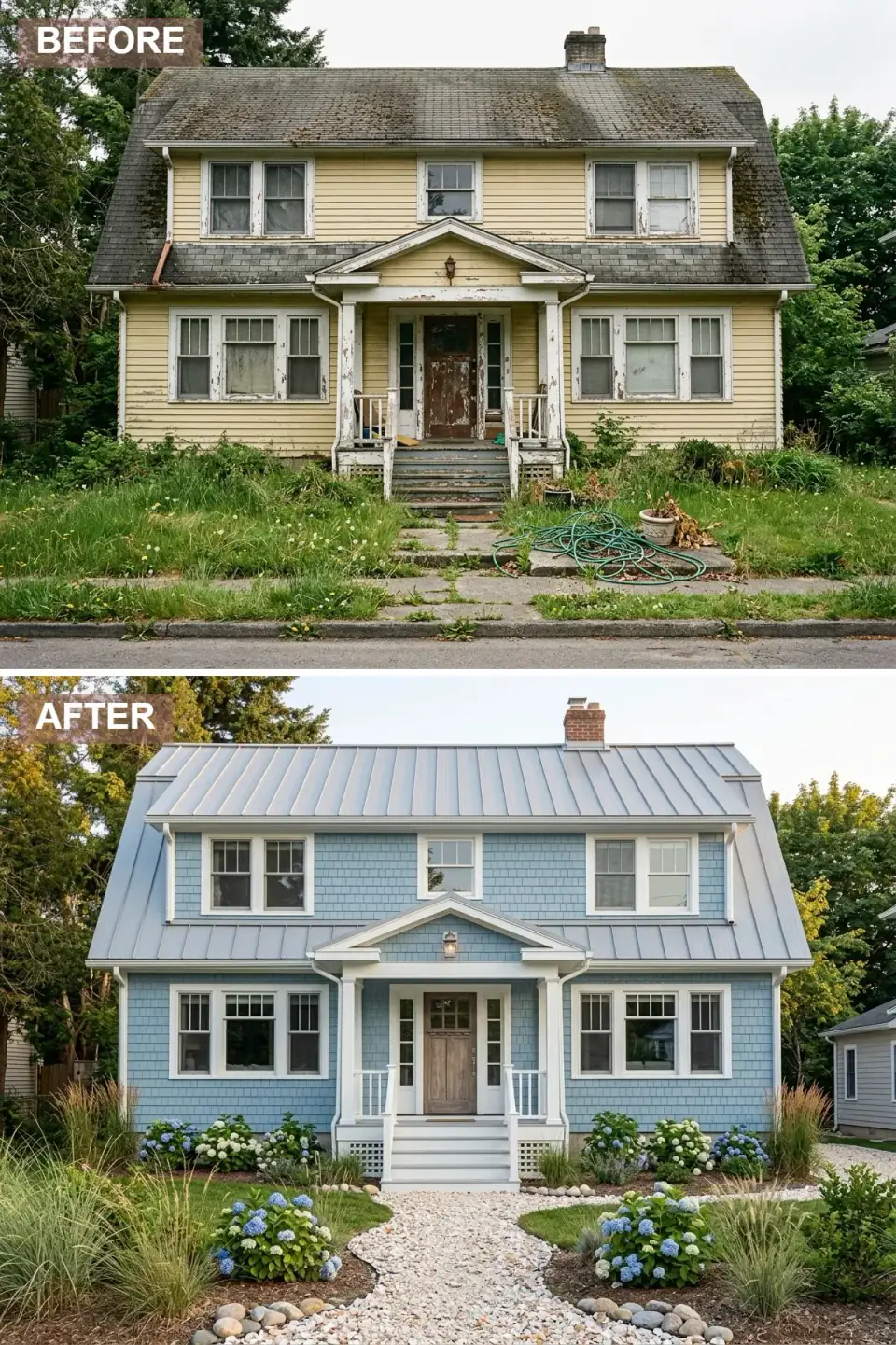 Dutch Colonial reimagined as a coastal cottage with light sky-blue cedar shake siding, light grey standing-seam metal roof, crisp white window trim and porch railing, weathered natural wood front door, winding crushed-shell and gravel pathway, and beach-inspired landscaping of dune grasses, hydrangeas, and lavender