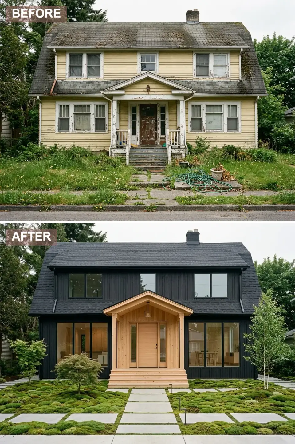 Dutch Colonial renovated in striking Scandinavian high-contrast style with jet black vertical siding on the main body, matching black asphalt roof, projecting light Douglas fir wood-clad entry portico, oversized floor-to-ceiling black-aluminum-frame windows, minimalist Japanese-inspired moss garden, and large square smooth concrete pavers as a stepping-stone path