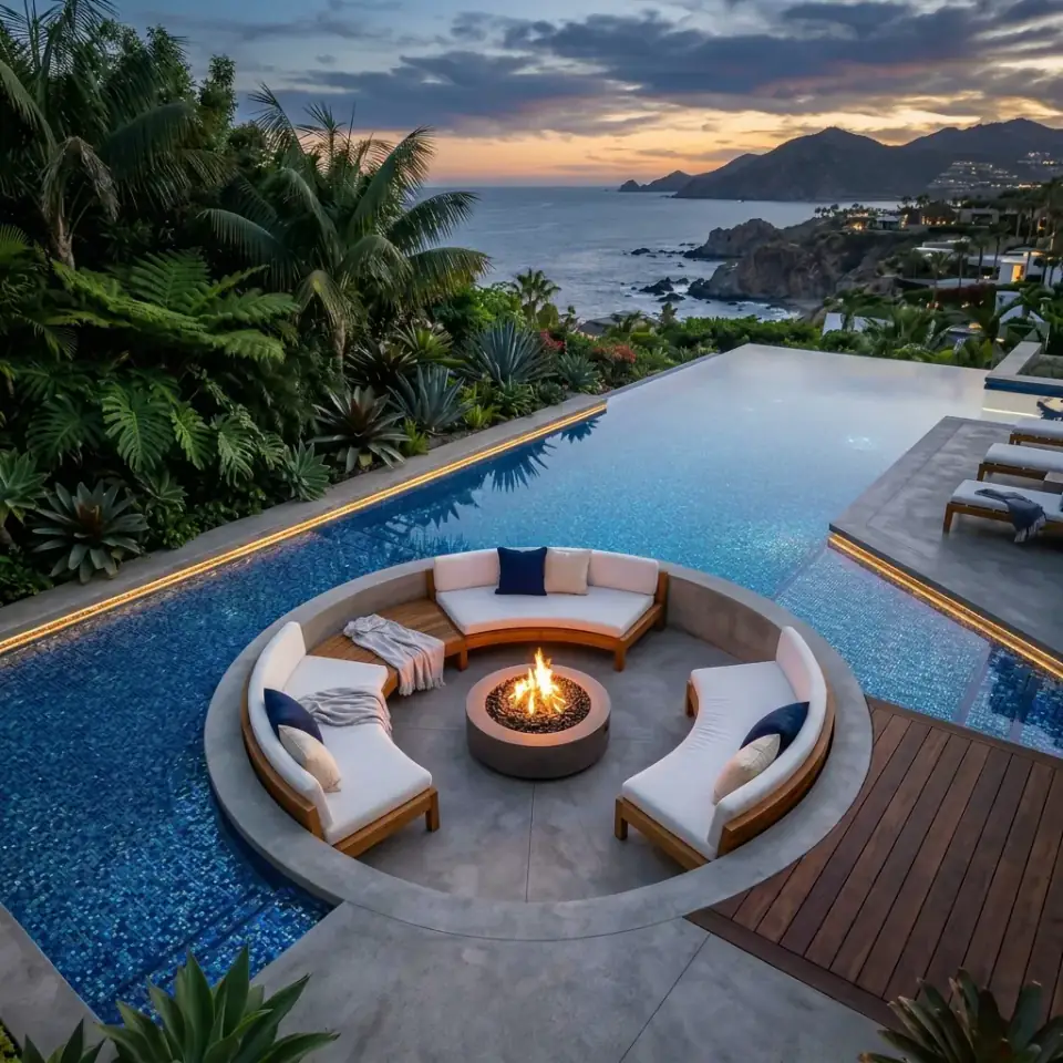Dreamy Sunken Fire Pit Lounge inside an Infinity Pool