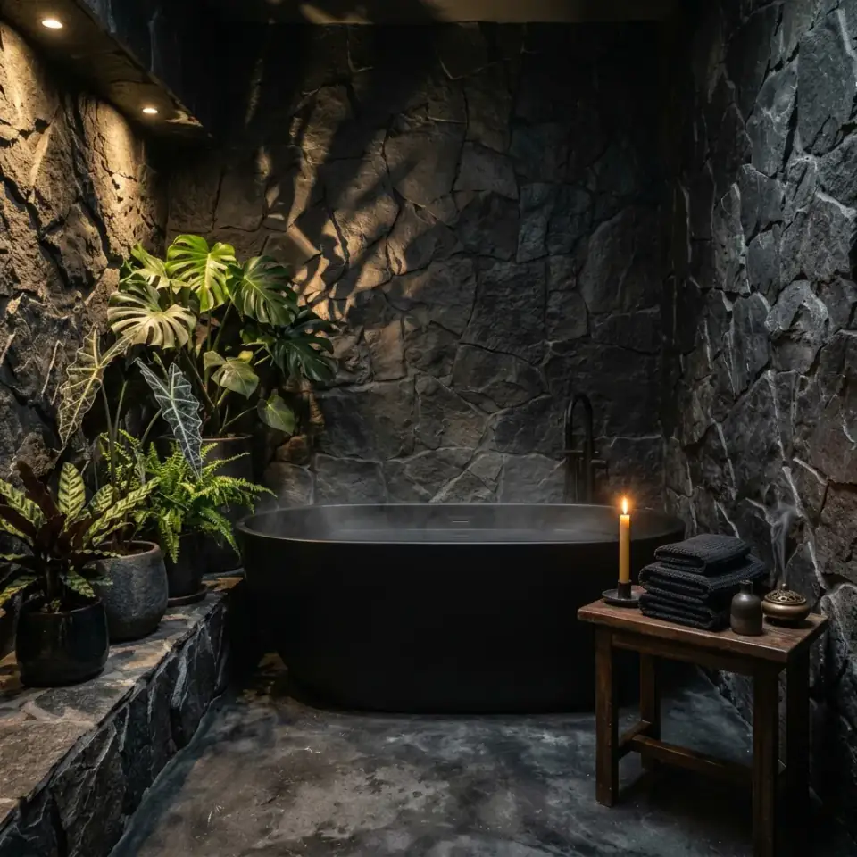 Moody Biophilic Bathroom Sanctuary: Dark Stone & Tropical Plants