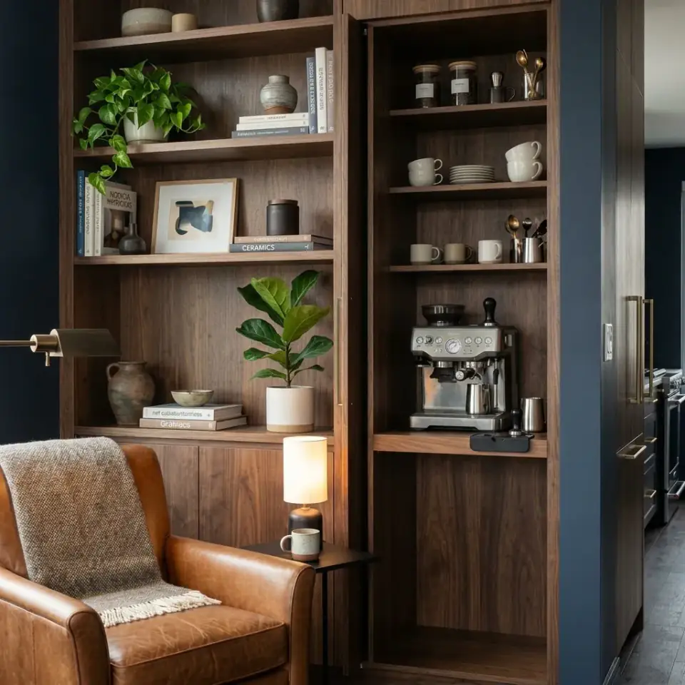The Ultimate Hidden Kitchen: Walnut Cabinets & Secret Coffee Bar