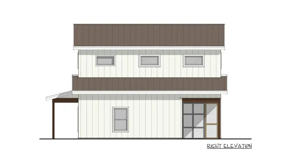Front elevation rendering of Plan 405154FDC — two-story barndominium with central gable wing flanked by lower shed roofs, covered front porch with wood posts, symmetrical lower-level windows and single upper gable window, white vertical board-and-batten siding, stone base accent, dark metal roof, black window frames
