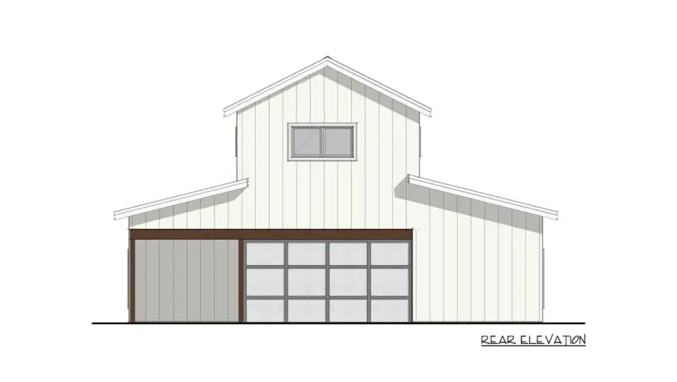 Right side elevation of Plan 405154FDC showing the full two-story height of the gable, upper-level windows, and a side entrance under a small shed roof, vertical board-and-batten siding over stone base