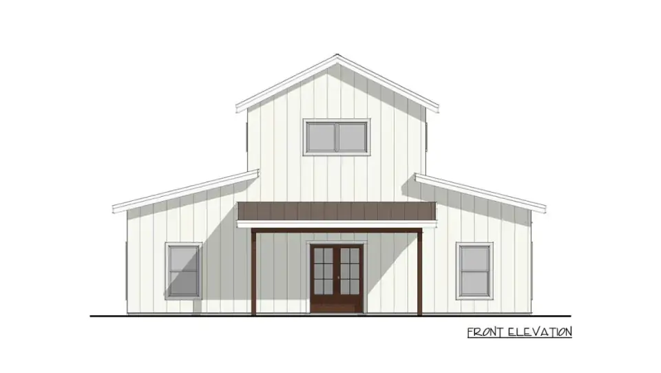 Rear elevation of Plan 405154FDC confirming the workshop bay door under the gable, single upper gable window, board-and-batten siding