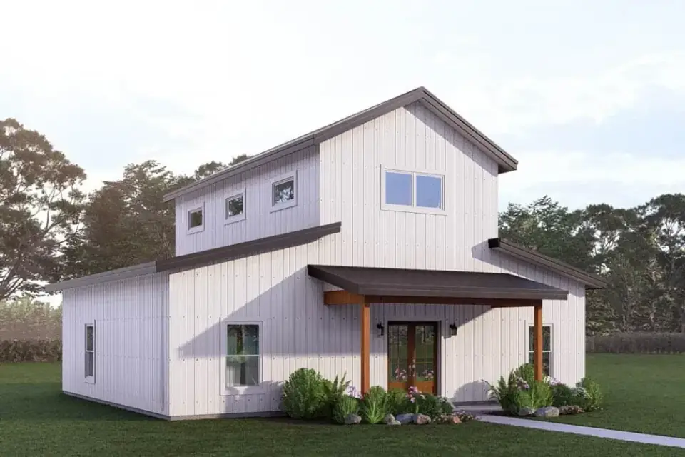 Three-quarter rendering of Plan 405154FDC in a rural Hudson Valley landscape context showing the central gable, shed-roof wings, screened patio at the rear, and stone-base detailing