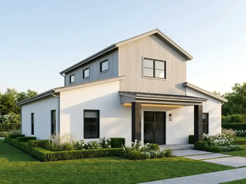 Plan 405154FDC refined contemporary facade variant — smooth white stucco lower volume, pale gray vertical panels above, black-framed windows, formal boxwood hedges and white perennials, large-format concrete pavers