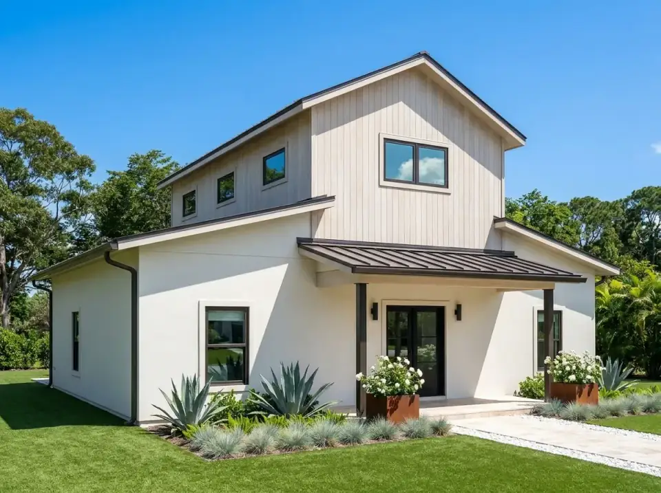 Plan 405154FDC warm desert transitional facade variant — off-white smooth siding, dark standing-seam metal roof, charcoal window frames, xeriscape plantings of agave and ornamental grasses, rusted planters with white blooms, pale gravel paths