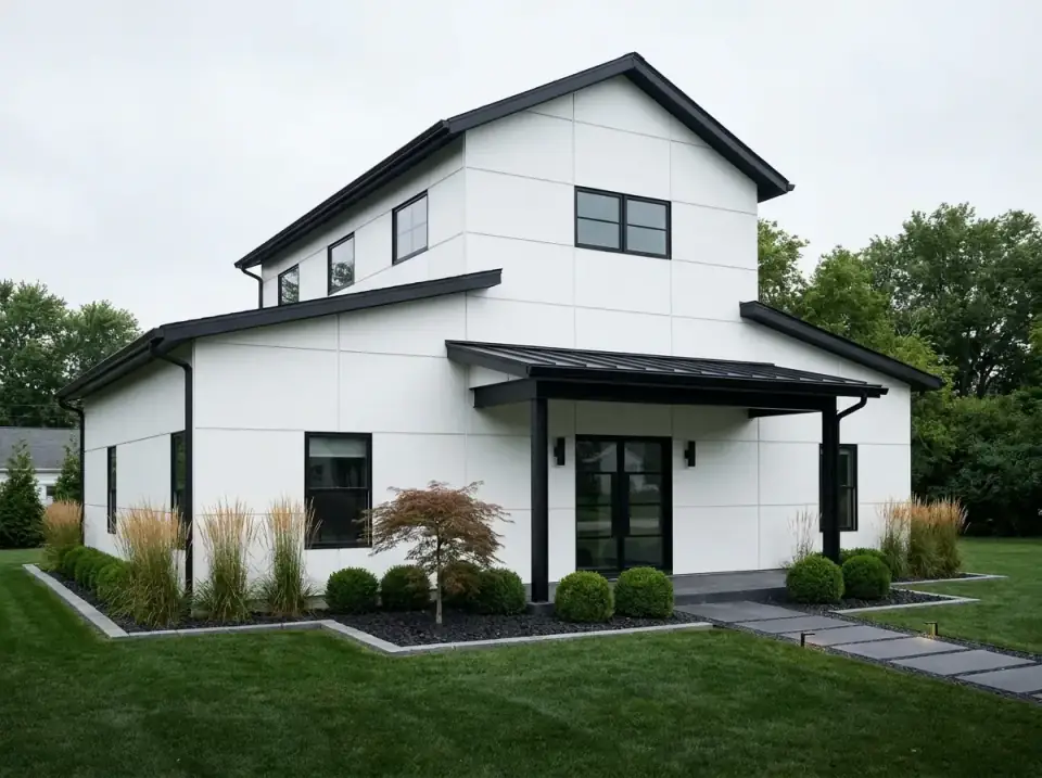 Plan 405154FDC high-contrast graphic facade variant — stark white paneled exterior outlined in black trim and gutters, dark mulch and Japanese maple landscape, dark stone pavers, path lighting