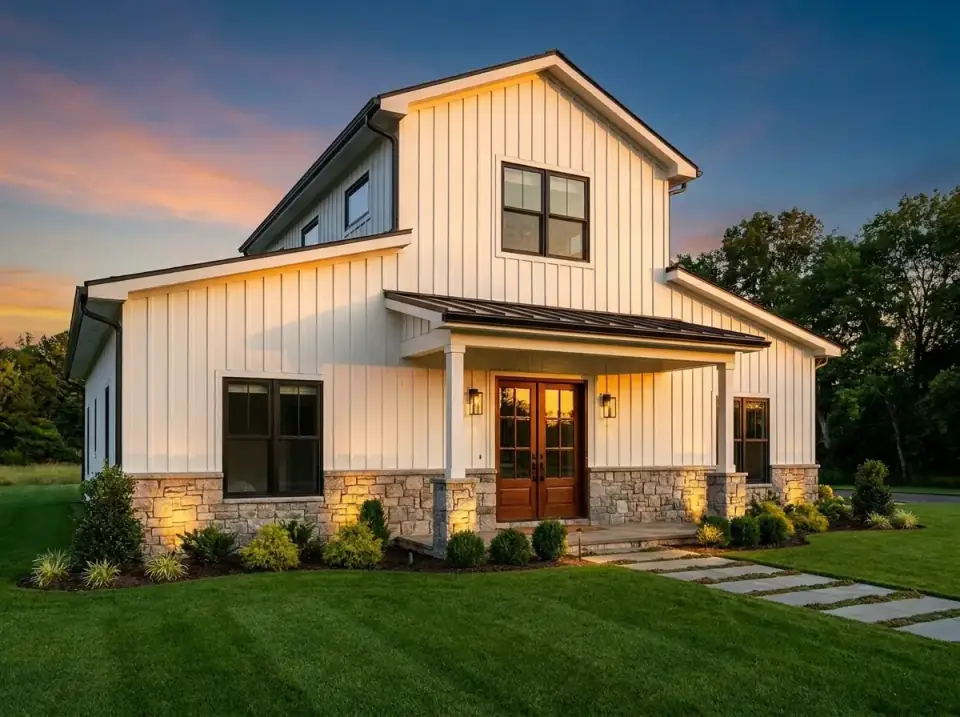 Plan 405154FDC uplighted farmhouse formal facade variant — white vertical siding over heavy stone base, rich wood double entry doors, dark metal roofing, uplighting along stone foundation, symmetrical shrubs and large-format pavers with grass joints