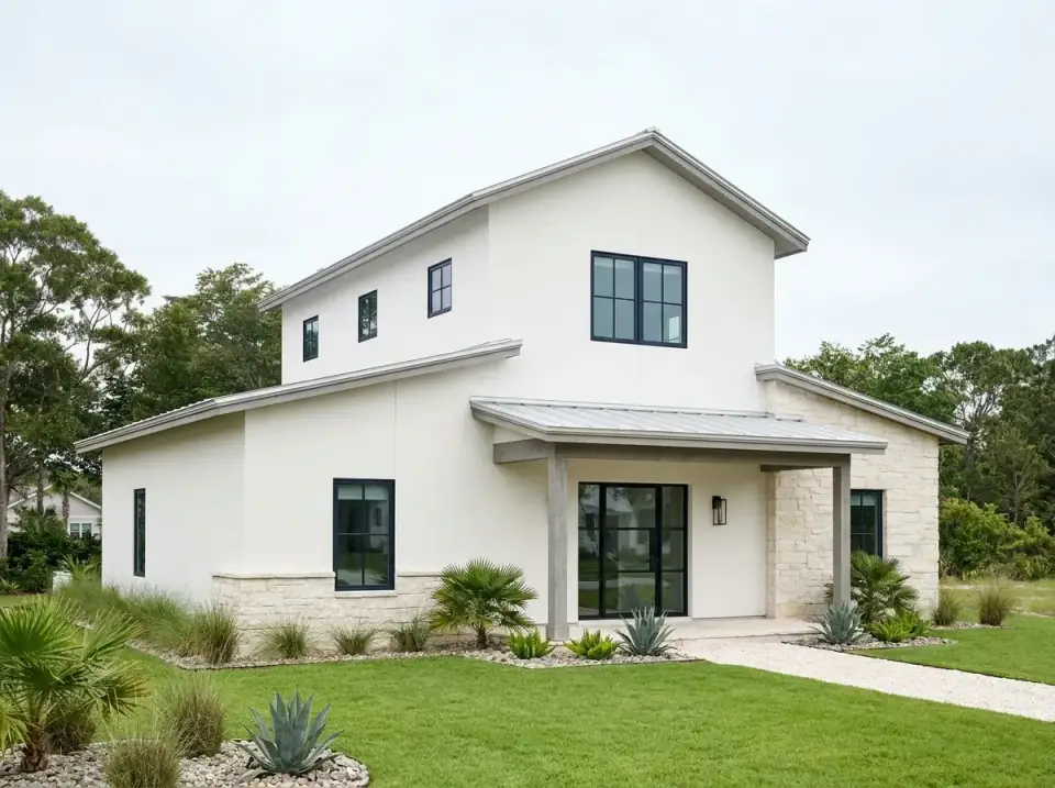 Plan 405154FDC coastal smooth facade variant — smooth white stucco, light limestone accents, light gray metal roof, black steel-frame entry door, palms and yucca plantings, gravel and shell pathway, simple square porch columns