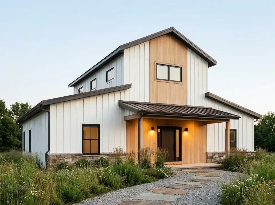 Plan 405154FDC natural wood accent facade variant — white vertical siding interrupted by a central natural cedar accent panel running from porch ceiling to gable peak, stone base, dark roof, native meadow landscape with gravel and flagstone paths and wildflowers