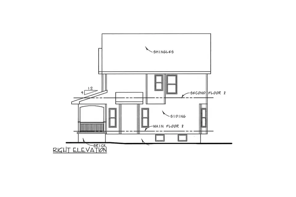 Front elevation of traditional plan 4172DB with a gable roof, siding with brick foundation veneer, asphalt shingles, a raised covered entry porch with wood posts, and a two-car garage