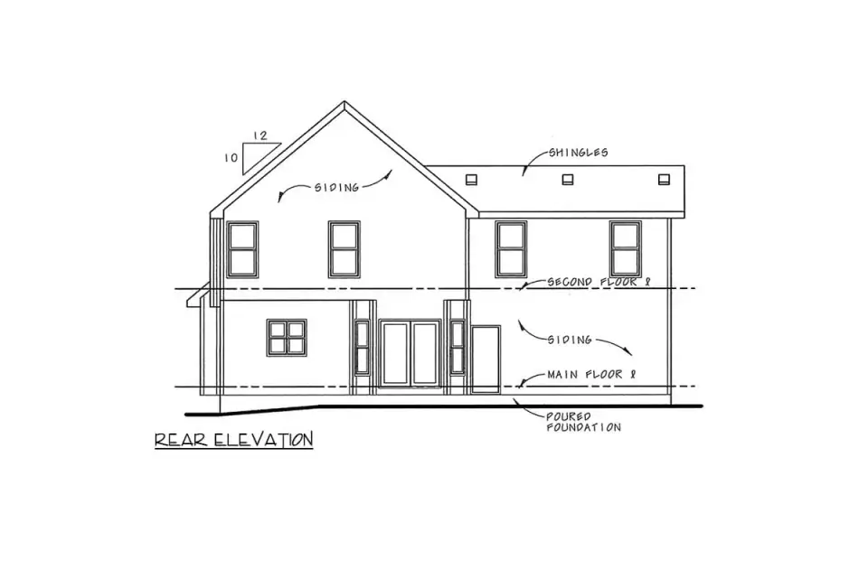 Angled exterior view of plan 4172DB showing the front-gable volume, half-round gable window above the entry, and the covered porch alongside the garage
