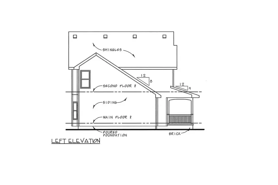 Side elevation of plan 4172DB showing the 4:12 porch roof pitch and exterior material transitions between siding and brick veneer