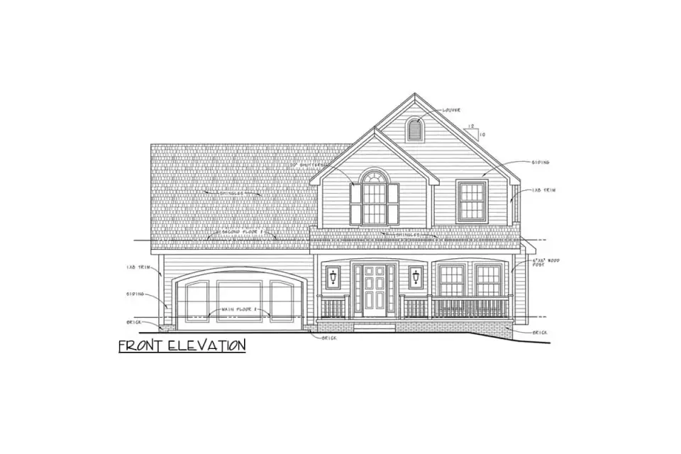 Rear elevation of plan 4172DB revealing a poured foundation and double doors serving the great room