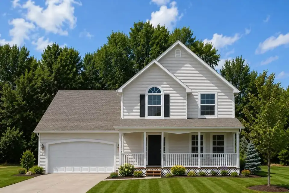 Built photo of plan 4172DB in light neutral siding with dark shutters and a white covered porch