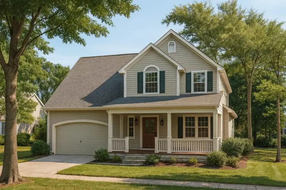 Built photo of plan 4172DB in a deeper body tone with contrasting white trim and porch railings