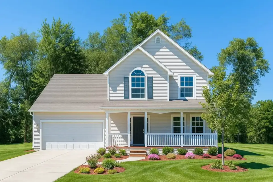Built photo of plan 4172DB showing the front porch and gable detailing from the street
