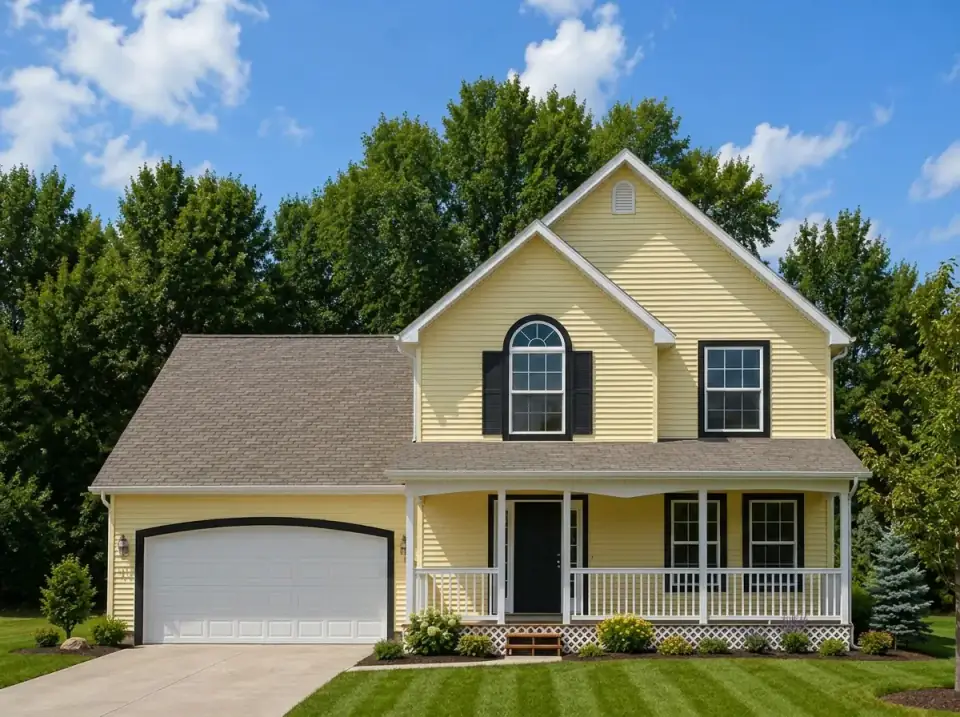 Plan 4172DB as a bright traditional home with high-luminance yellow siding, crisp white trim, black shutters, a standard shingle roof, a white garage door, and minimal foundation plantings