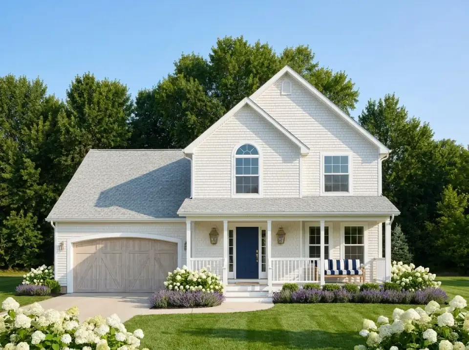 Plan 4172DB as a coastal Cape Cod with white painted shingles, a light wood carriage-style garage door, a navy entry door, symmetrical hydrangea beds, and lavender borders