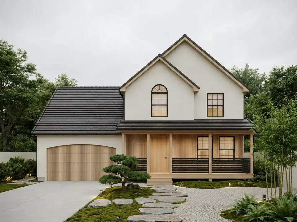 Plan 4172DB as a Japandi zen home with smooth off-white stucco, dark metal roofing, vertical wood slat accents, and a dry garden of moss, raked gravel, a sculpted pine, and stepping stones