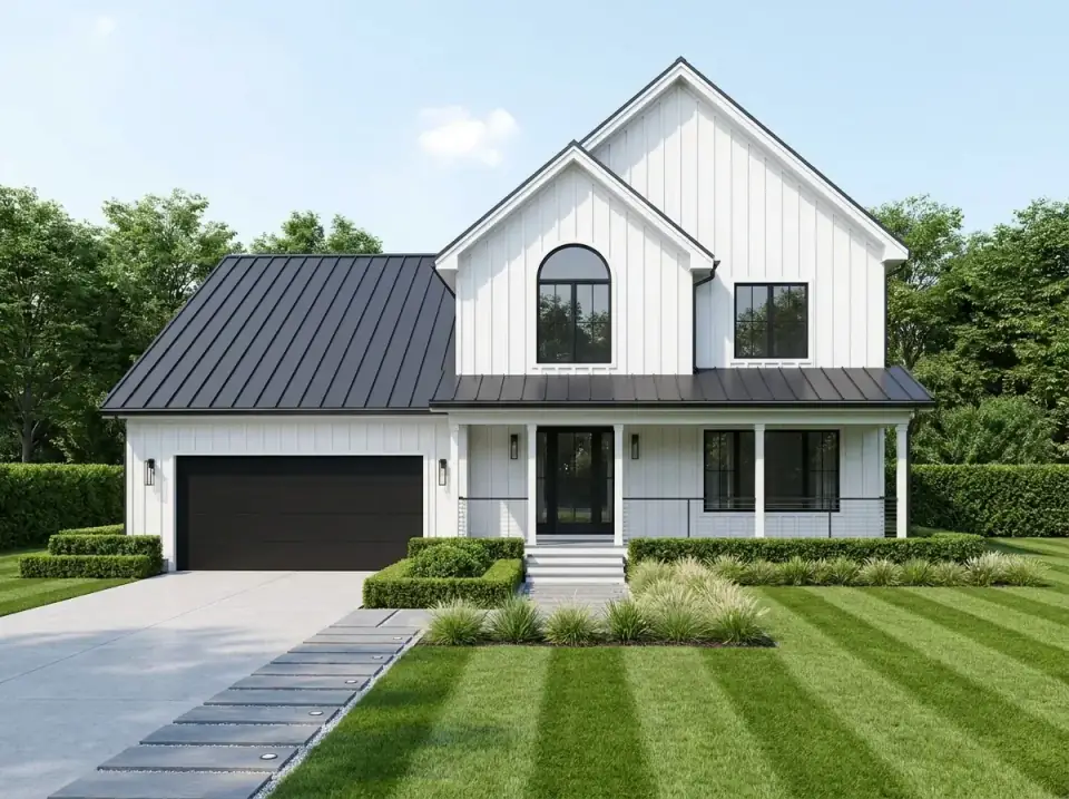 Plan 4172DB as a modern farmhouse with vertical white board-and-batten cladding, a black standing-seam metal roof, black window frames, a black garage door, ornamental grasses, and linear pavers