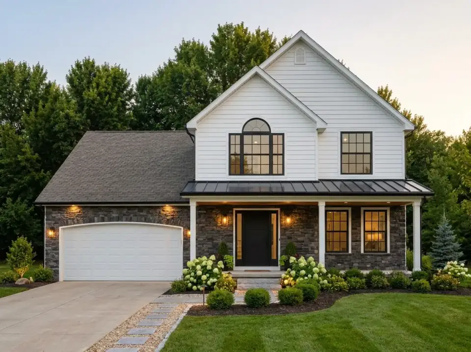 Plan 4172DB as a transitional stone home with dark stone veneer on the lower level, white siding above, a black metal porch roof, a black front door, hydrangeas, and a stone walkway