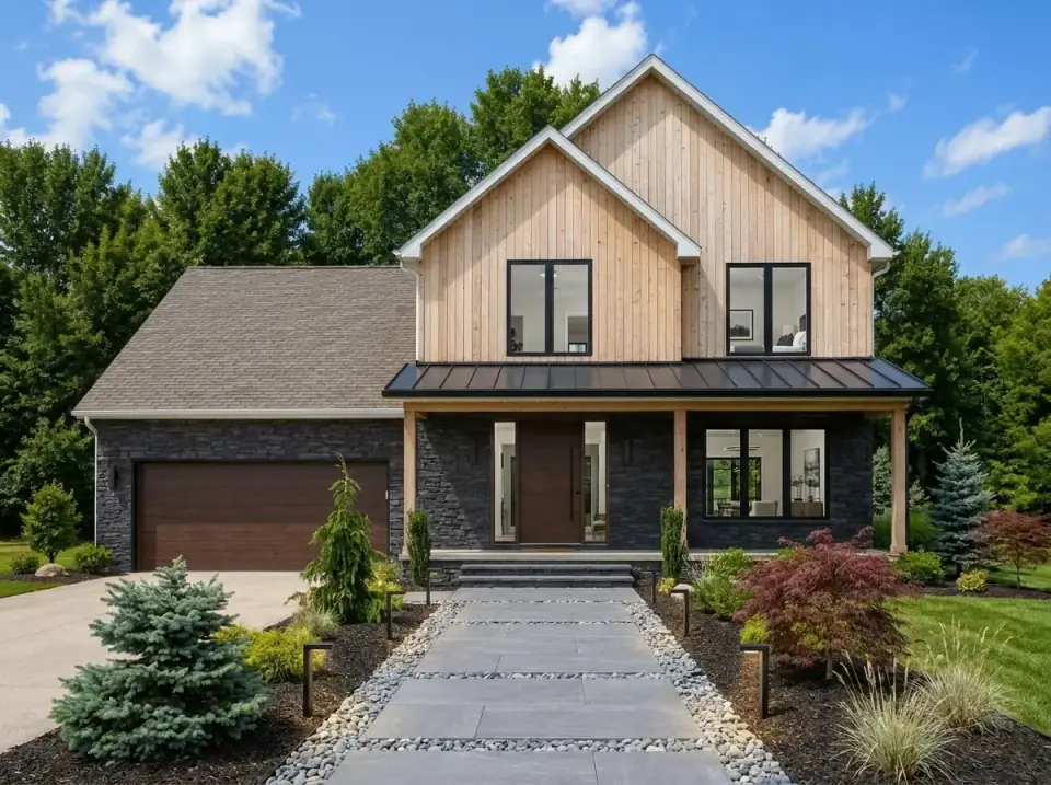 Plan 4172DB as a mountain modern home with natural cedar gables, dark stone lower walls and garage, large black-framed windows, a black metal porch roof, conifers, a Japanese maple, and a stone path