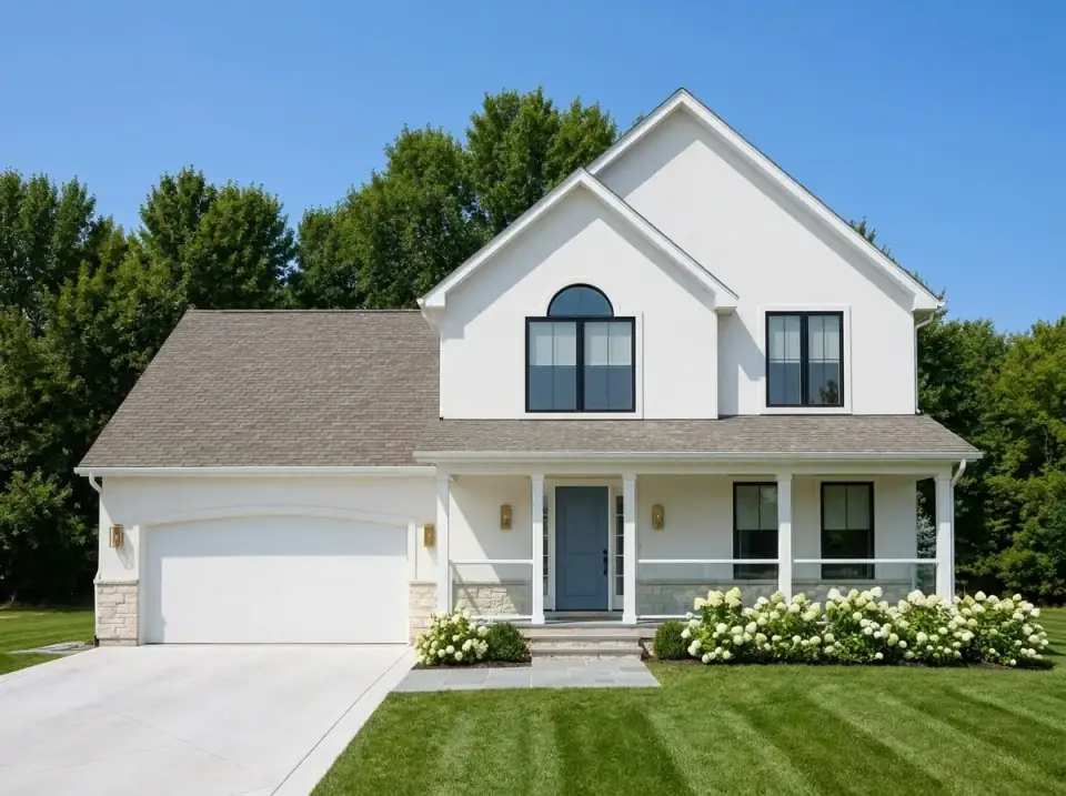 Plan 4172DB as a minimalist classic home with smooth white exterior, subtle stone wainscoting, a white garage door, a blue-gray entry door, black window frames, and symmetrical hydrangea groupings