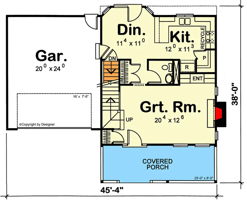 Main level floor plan of plan 4172DB showing an open great room off a 25-foot covered porch, a rear dining room and kitchen with pantry and powder room, and a front-entered two-car garage