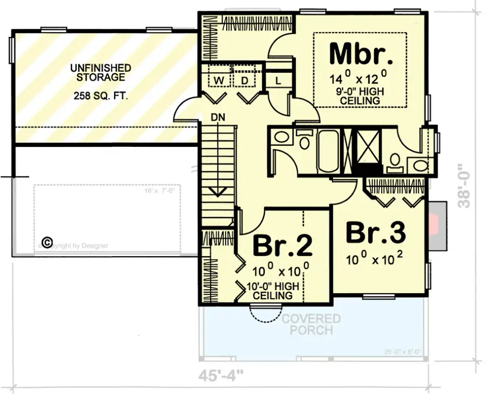 Second floor plan of plan 4172DB showing a master bedroom with walk-in closet and private bath, two secondary bedrooms sharing a hall bath, a central laundry closet, and unfinished bonus storage over the garage