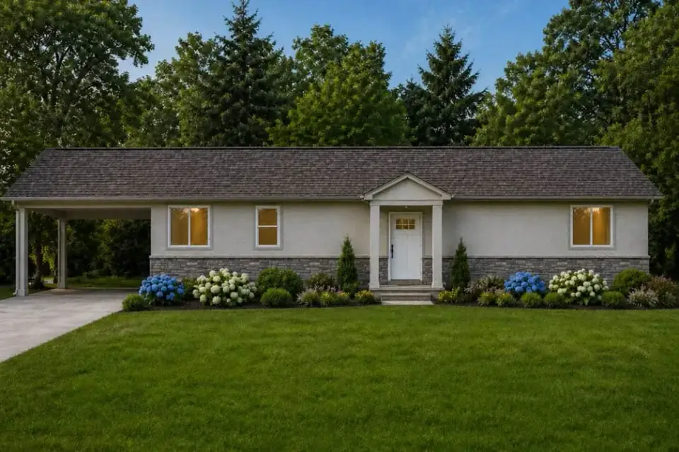 Base elevation rendering of Plan 849080PGE — a low-pitched gable traditional ranch with stone water table, light siding, white trim, centered entry porch, and two-car carport with square columns on the left