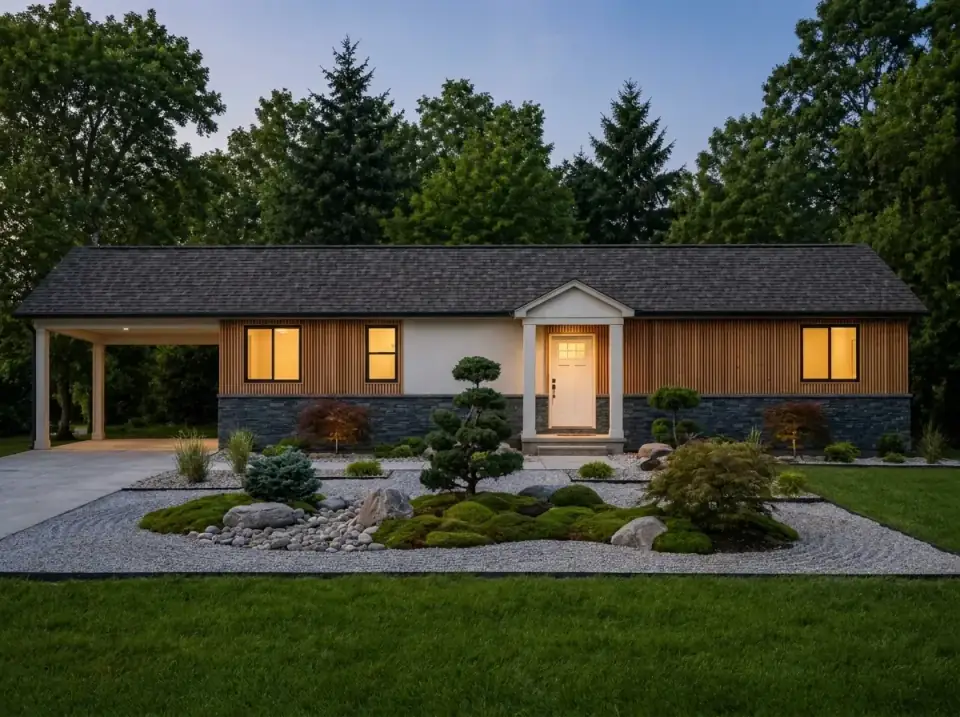 Japanese Zen facade variant — vertical cedar slat siding, dark stone water table, white entry pavilion, raked gravel beds with moss-covered boulders and a specimen tree
