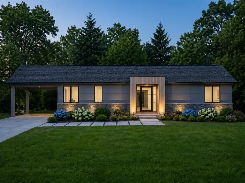 Contemporary Modern facade variant — smooth dark gray siding, large-format black-framed picture windows, wood-clad entry surround, staggered concrete pavers, integrated stone-base uplighting