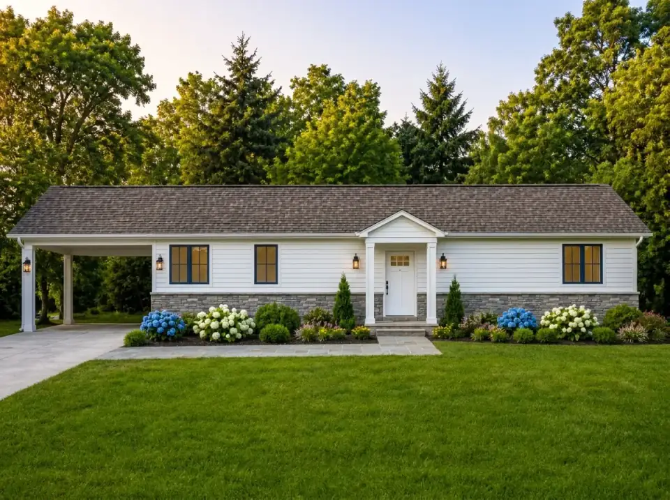 Classic American Traditional facade variant — white horizontal clapboard, dark shutters, light stone foundation, gabled entry porch, symmetrical sconces, foundation hydrangea beds