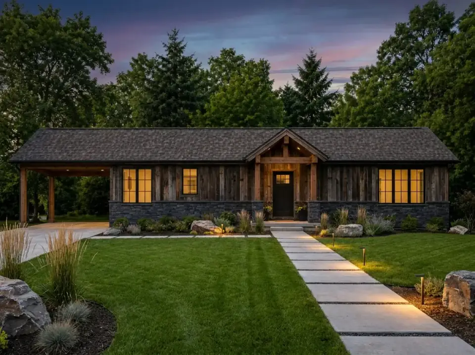 Rustic Mountain facade variant — reclaimed-look wood siding, heavy timber entry gable, dark stone, illuminated concrete pavers, native grasses interspersed with boulders