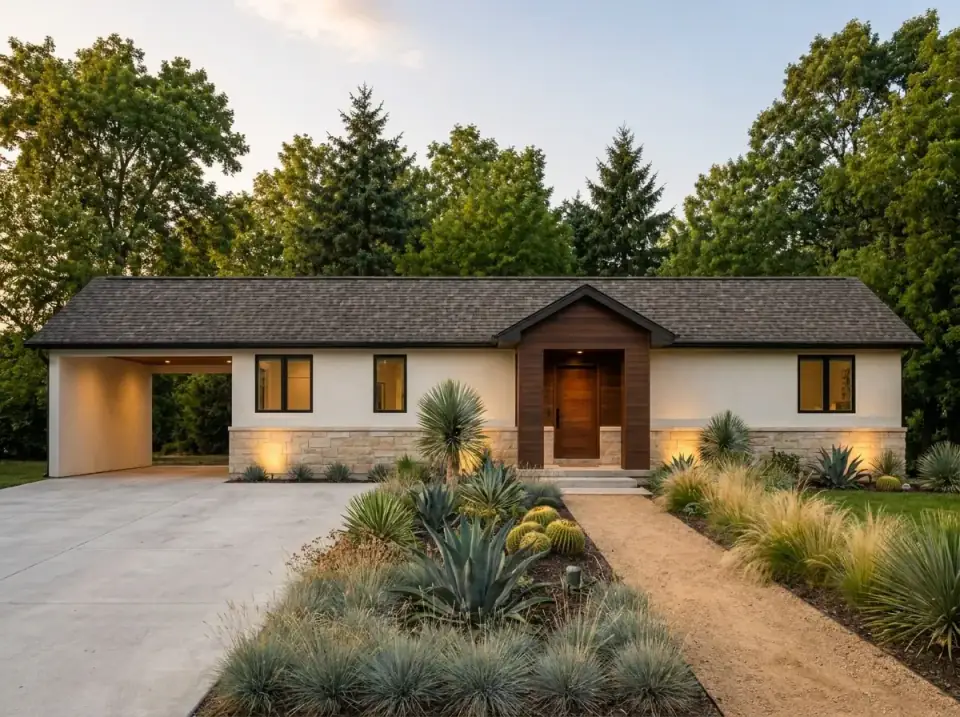 Desert Modern facade variant — white stucco, light stacked stone, dark wood entry door, xeriscape with agave, yucca, and ornamental grasses along a decomposed-granite walkway