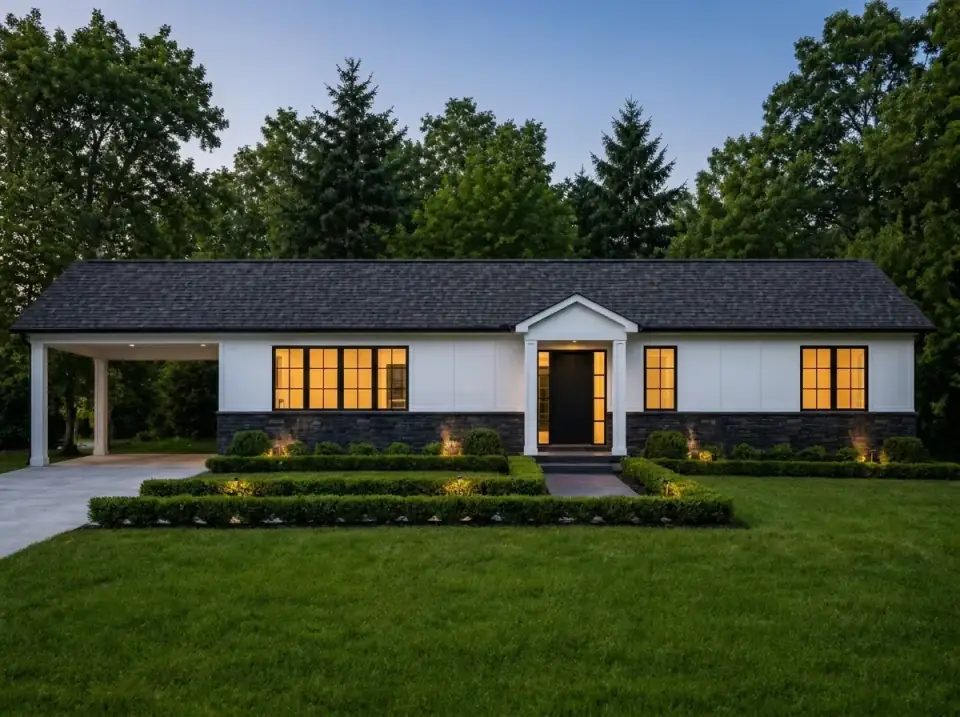 Formal Modern Farmhouse facade variant — white board-and-batten siding above dark stone base, black entry door and window frames, boxwood parterres, integrated path lighting