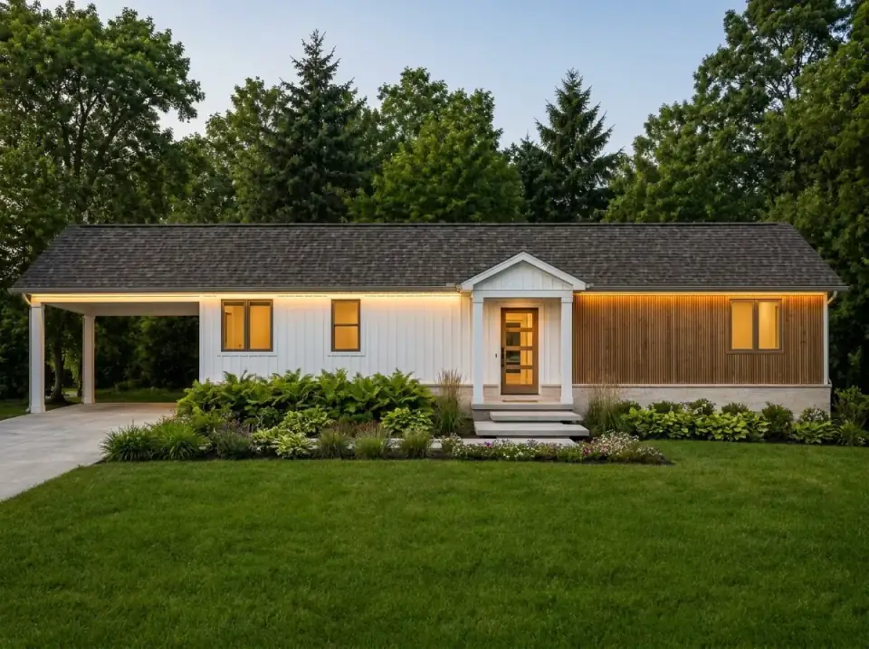 Scandinavian Natural facade variant — white vertical siding, cedar slat accent wall, wood-and-glass front door, concealed linear soffit lighting, dense ferns and hostas