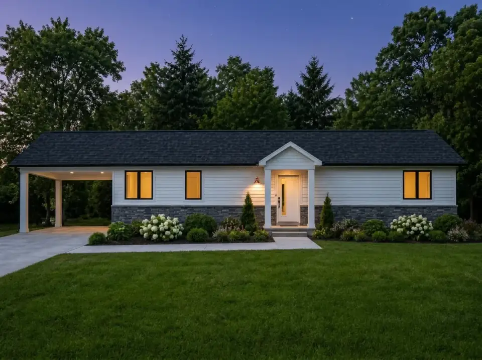 Updated Cottage facade variant — light blue-gray siding, dark shingle roof, modest gabled entry porch, gooseneck lantern, white hydrangea foundation beds