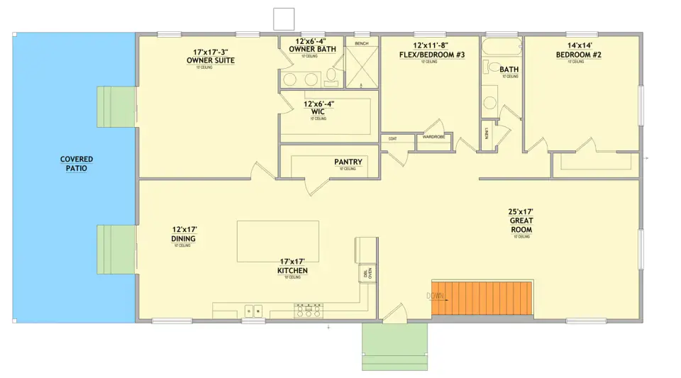 Main level floor plan for Plan 849080PGE — 77 by 36-foot single-story ranch with split-master configuration, 25 by 17-foot great room, walk-in pantry, covered patio, and two-car carport