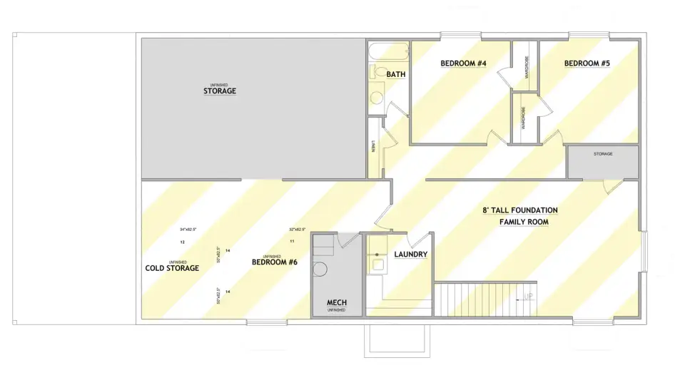 Optional basement floor plan for Plan 849080PGE showing two additional bedrooms, full bath, family room, laundry, and large unfinished storage zone with cold storage