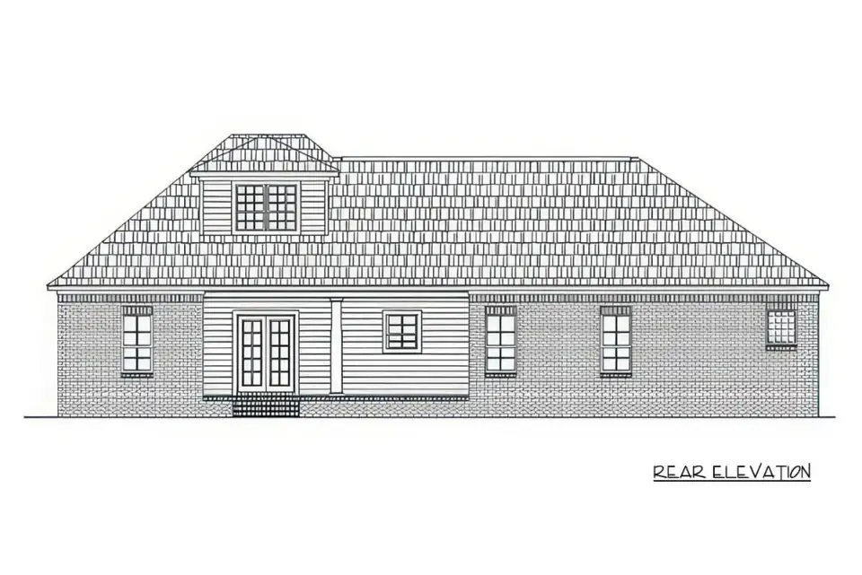 Traditional stone ranch home exterior with covered front porch, hipped roof, and arched windows from plan 51384MM