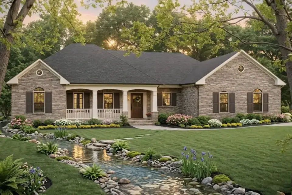 Rear elevation of single-story stone ranch showing shed dormer, French doors, and covered porch on plan 51384MM
