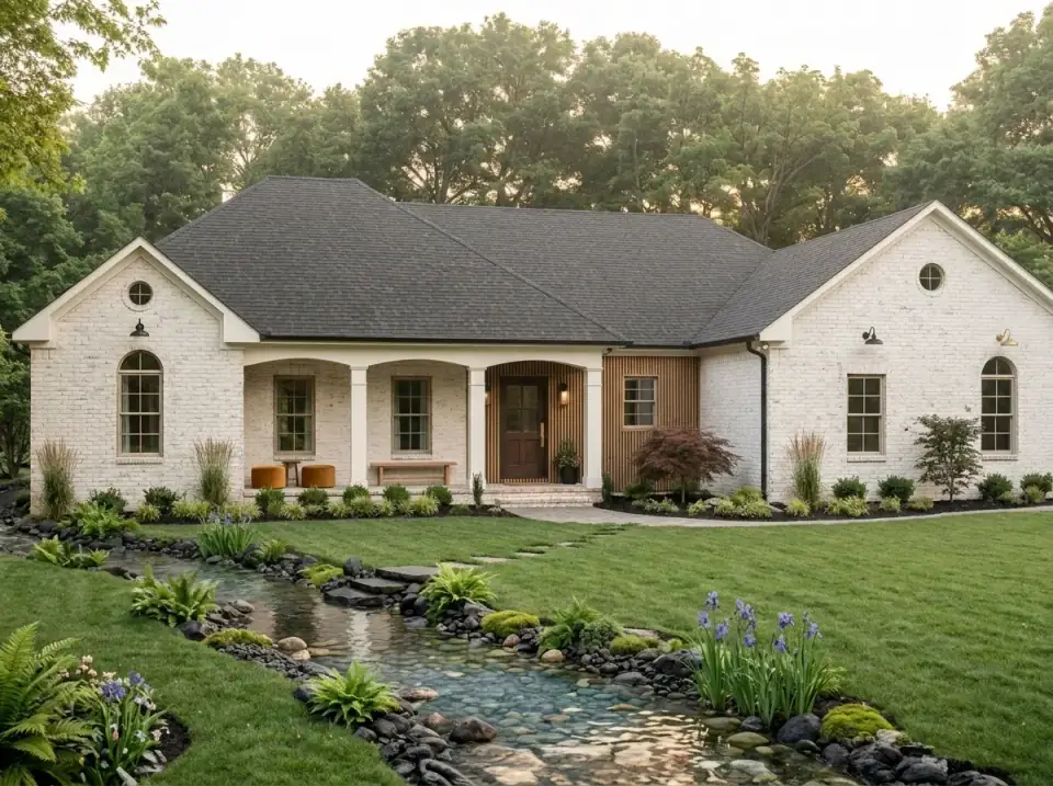 Whitewashed painted brick ranch facade with arched windows and a naturalistic stream in a wooded front yard