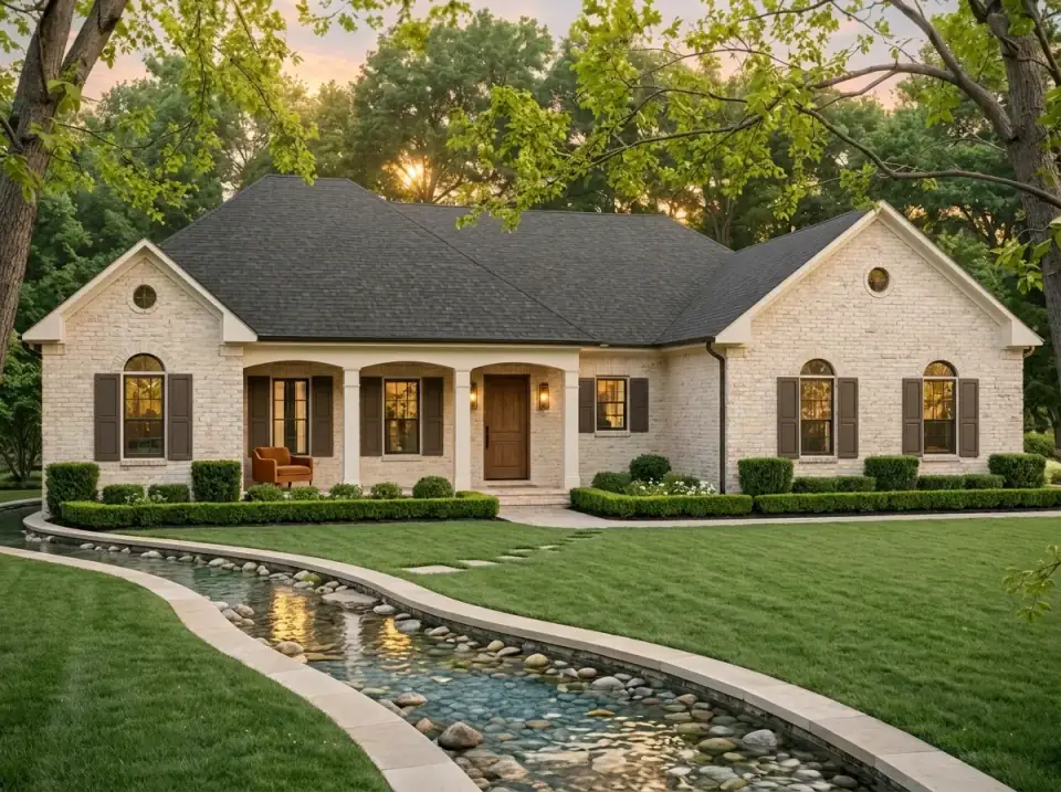 Warm brick ranch exterior with dark louvered shutters and clipped boxwood formal garden landscaping