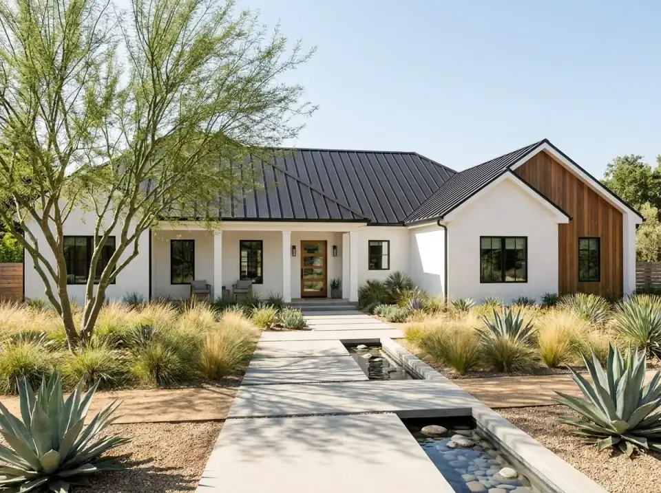 White stucco ranch with standing-seam metal roof, vertical wood entry accent, and desert xeriscape planting